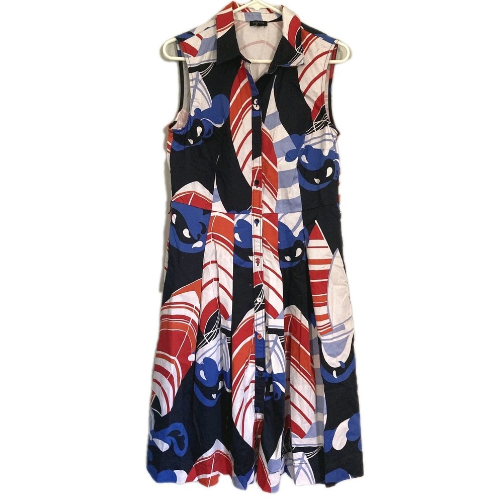 Talbots Dress Womens 12 Red Blue Nautical Sailboat Print Sleeveless A Line EUC